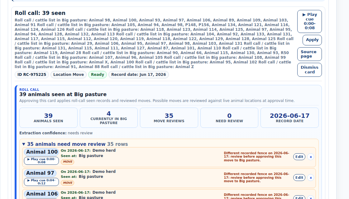 Screenshot of the audio logging workflow turning a chute-side voice note into review-ready drafts
